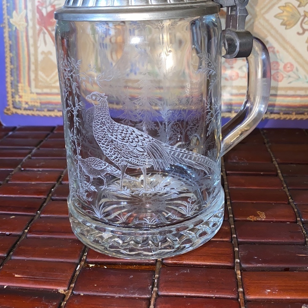 ALWE Crystal Beer Stein/Tankard, Pewter Lid and Etched Ducks - Picture 2 of 4